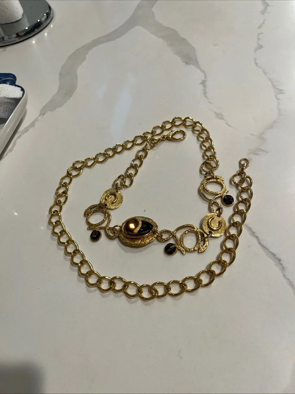 Gold Tone Crystal Chain 43 Inch Long Belt Stunning. Vintage